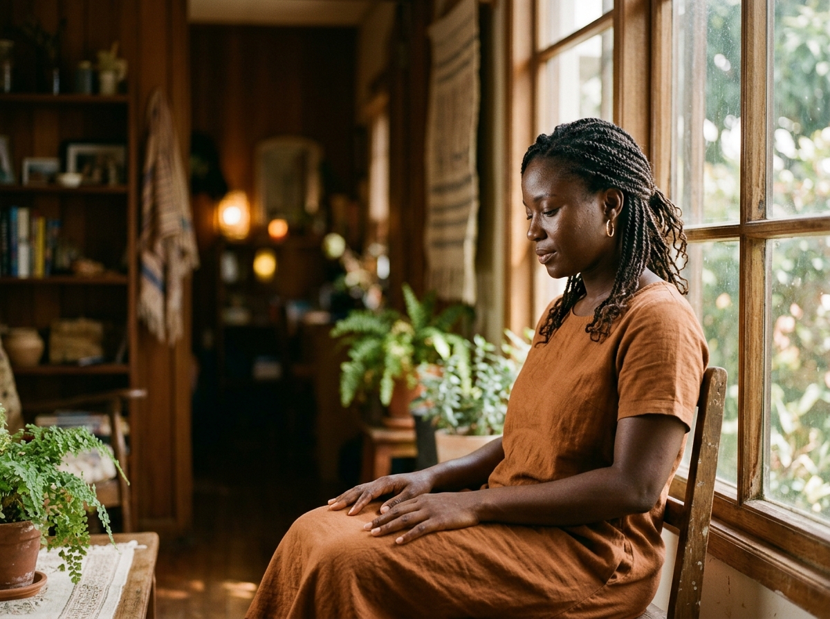 A woman sitting quietly by a window, looking hopeful